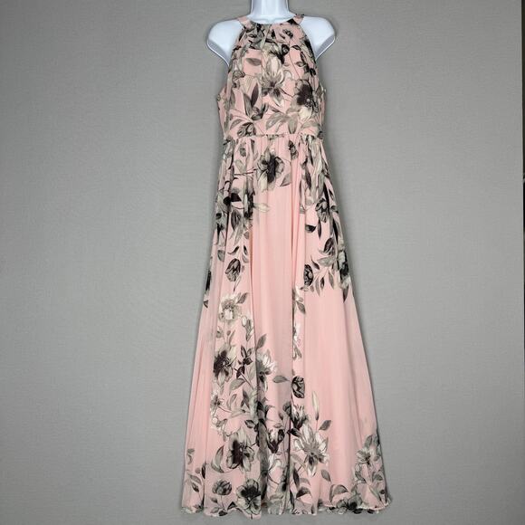 Eliza J Dress Womens 10 Pink Floral Belted Chiffon Halter Maxi Wedding Guest - Picture 1 of 15